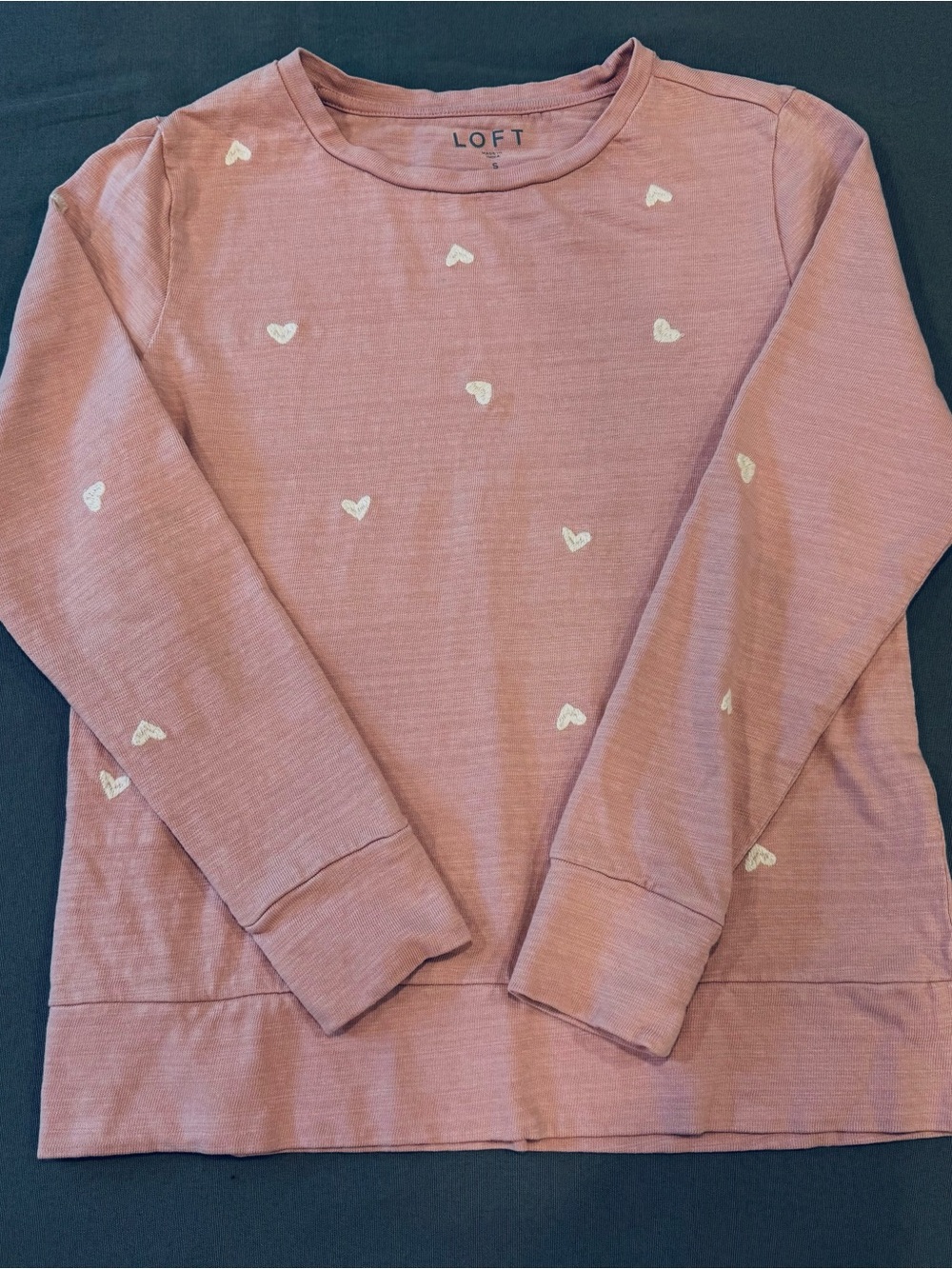 LOFT Women's Light Pink Embroidered Heart Top | Long Sleeve | Size Small